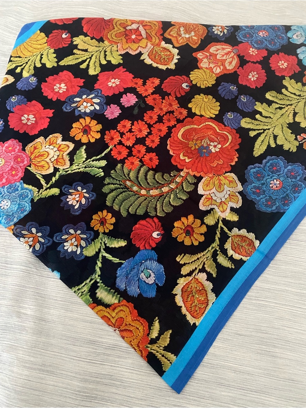 The Met Floral Cotton Scarf in Black with Bright Blue Border